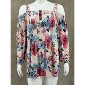 Cocomo Top Womens 1X Pink Blue Floral Cold Shoulder Stretch Boho Romantic Spring